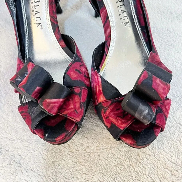 White House Black Market Womens Black Red Slingback Heels 6.5M Floral Peep Toe - Picture 5 of 14